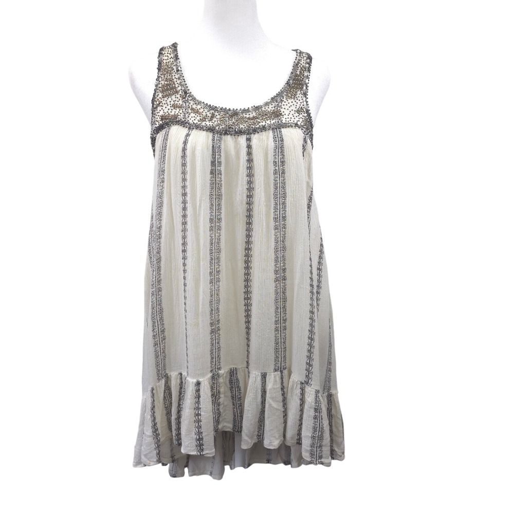 En Creme Womens S Cream Beaded Boho Tunic Top High Low Ruffle Hem Artisan Earthy